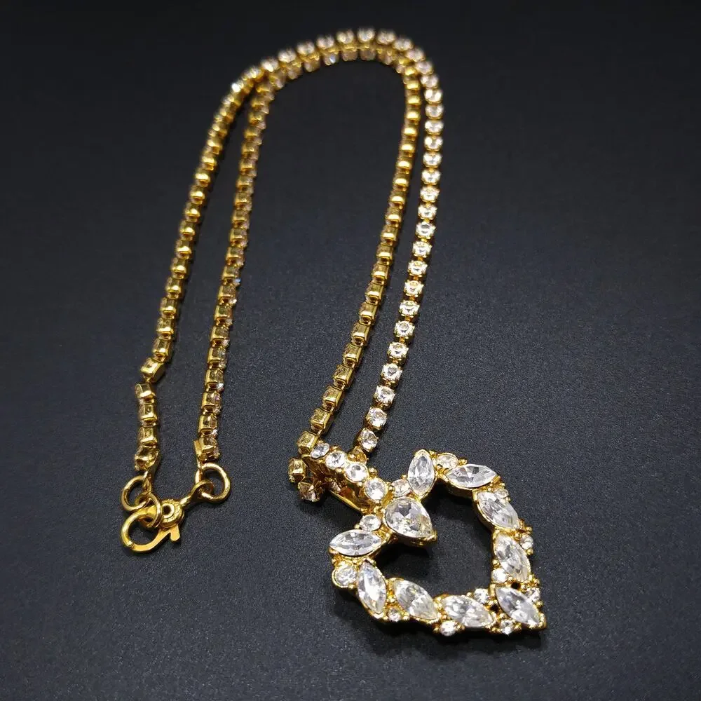 Vintage Monet Rhinestone Heart Necklace Gold Tone Marquise 1970s